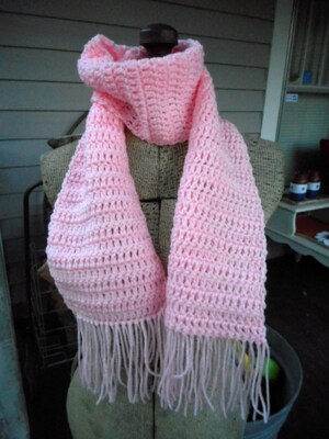 The Rose Quartz Pink Crochet Scarf. Homespun Gypsy Bohochic Hand Crocheted Fringe Scarf. - image1